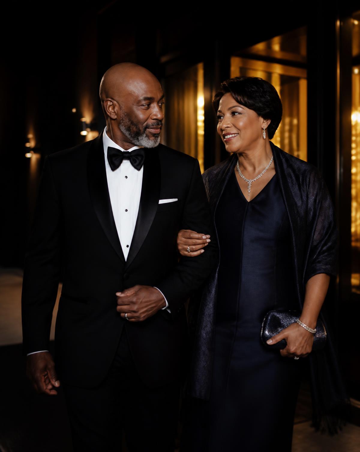 An elegantly dressed couple arriving for an evening event