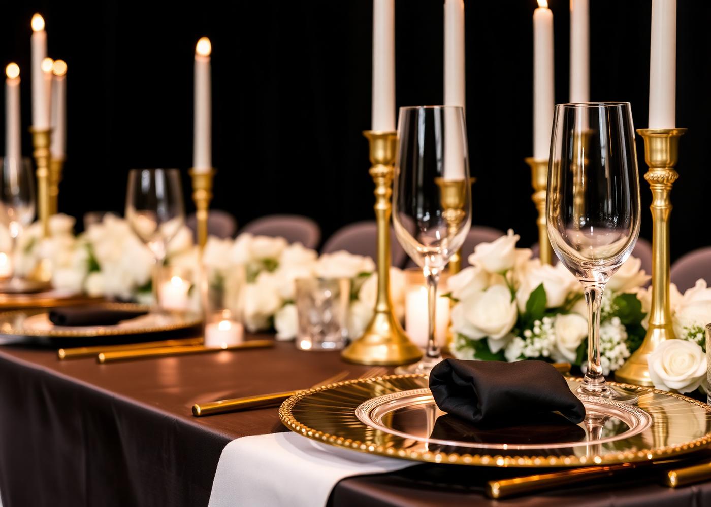 Gold charger plate, crystal glassware and ivory florals on a banquet table