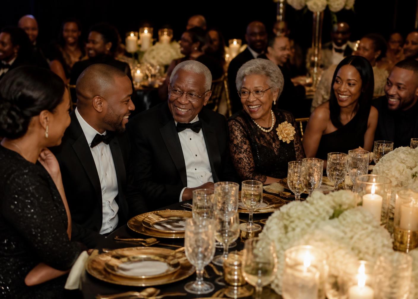 Three generations of a family laughing together at a candlelit anniversary dinner